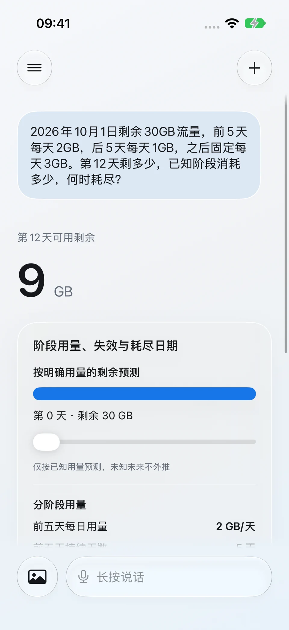 分阶段用量预测:问题与回答界面